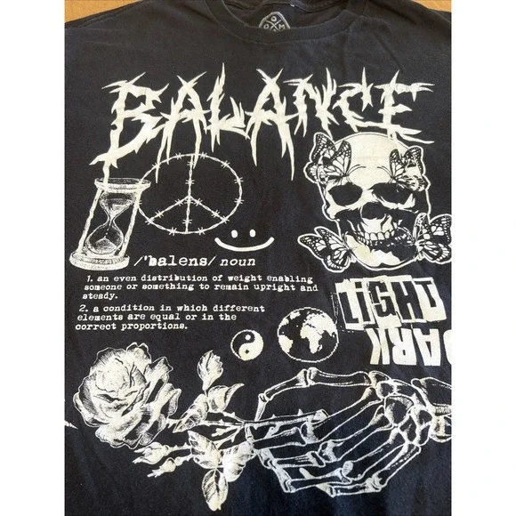 BALANCE DARK & LIGHT SKULL T-SHIRT MENS Large SKELETON GOTH TIME PEACE EUC - Picture 2 of 6